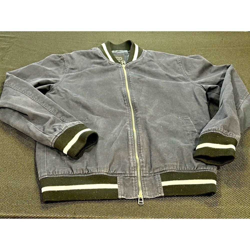 21 Men Navy Y2K Varsity Bomber Jacket Black White Stripe Zip Up Men’s XS